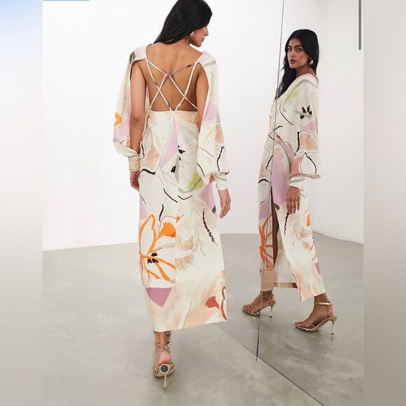 ASOS Edition Strapping Detail Maxi Dress in Stone Art Floral - Size 6 - Picture 1 of 7